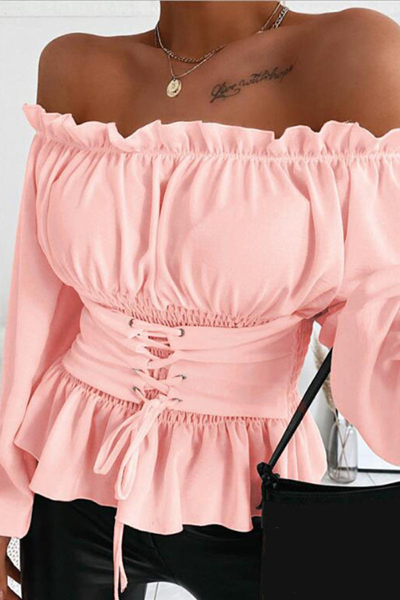 Γυναικείο μακριά μανίκι Off ώμος κρούβλα στερεό πουκάμισο μπλούζα μπλούζα