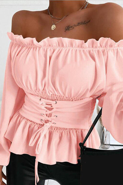 Γυναικείο μακριά μανίκι Off ώμος κρούβλα στερεό πουκάμισο μπλούζα μπλούζα