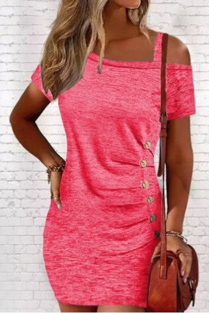 Οι γυναίκες περιστασιακό σέξι κρύο κουμπί ώμου Slim κοντό μανίκι μίνι φόρεμα μίνι