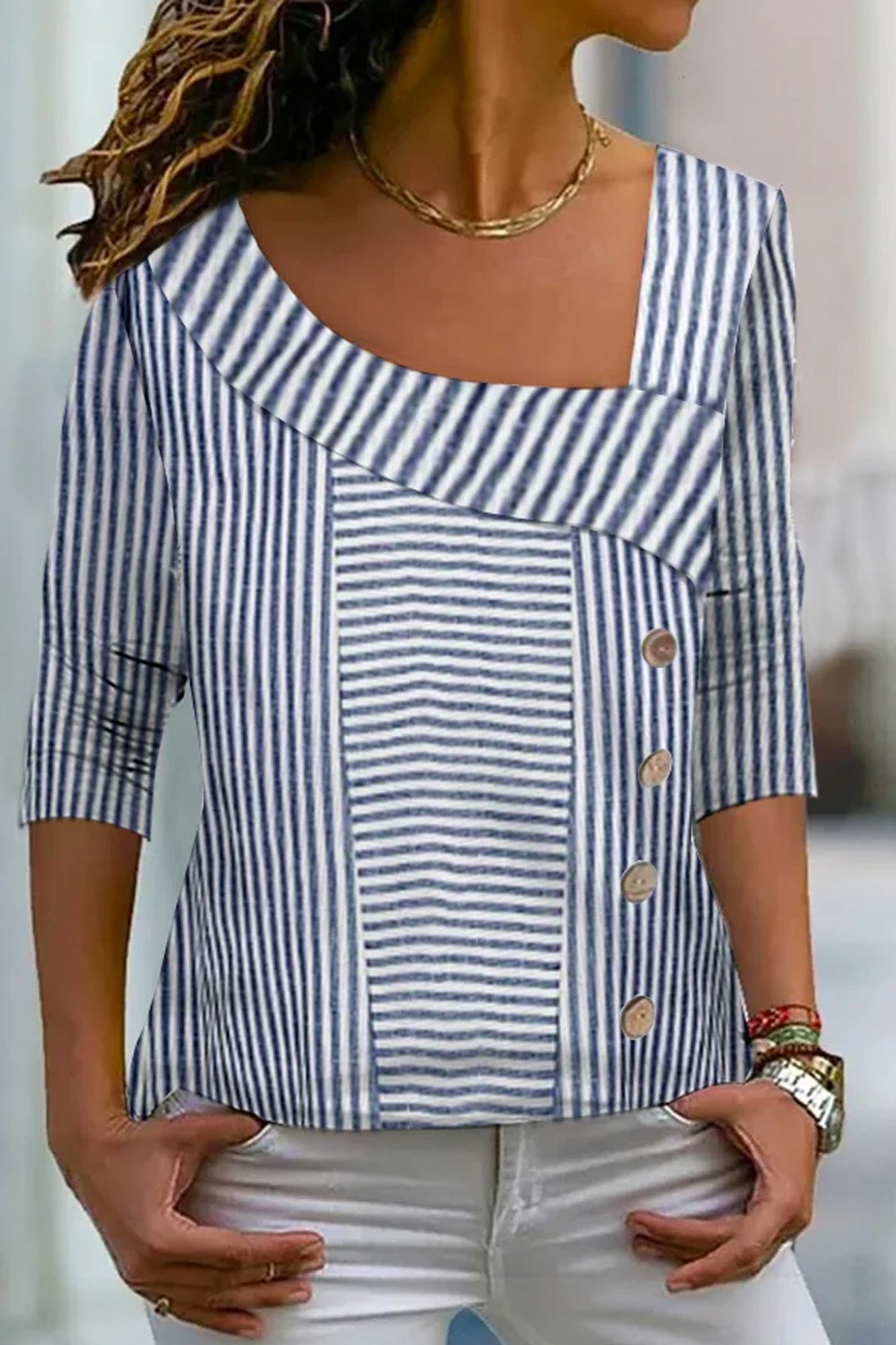 Γυναικείο απλό μπλε ριγέ εκτύπωση μακριά μπλουζάκι μπλούζα μπλούζα μανίκι