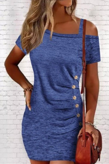 Οι γυναίκες περιστασιακό σέξι κρύο κουμπί ώμου Slim κοντό μανίκι μίνι φόρεμα μίνι