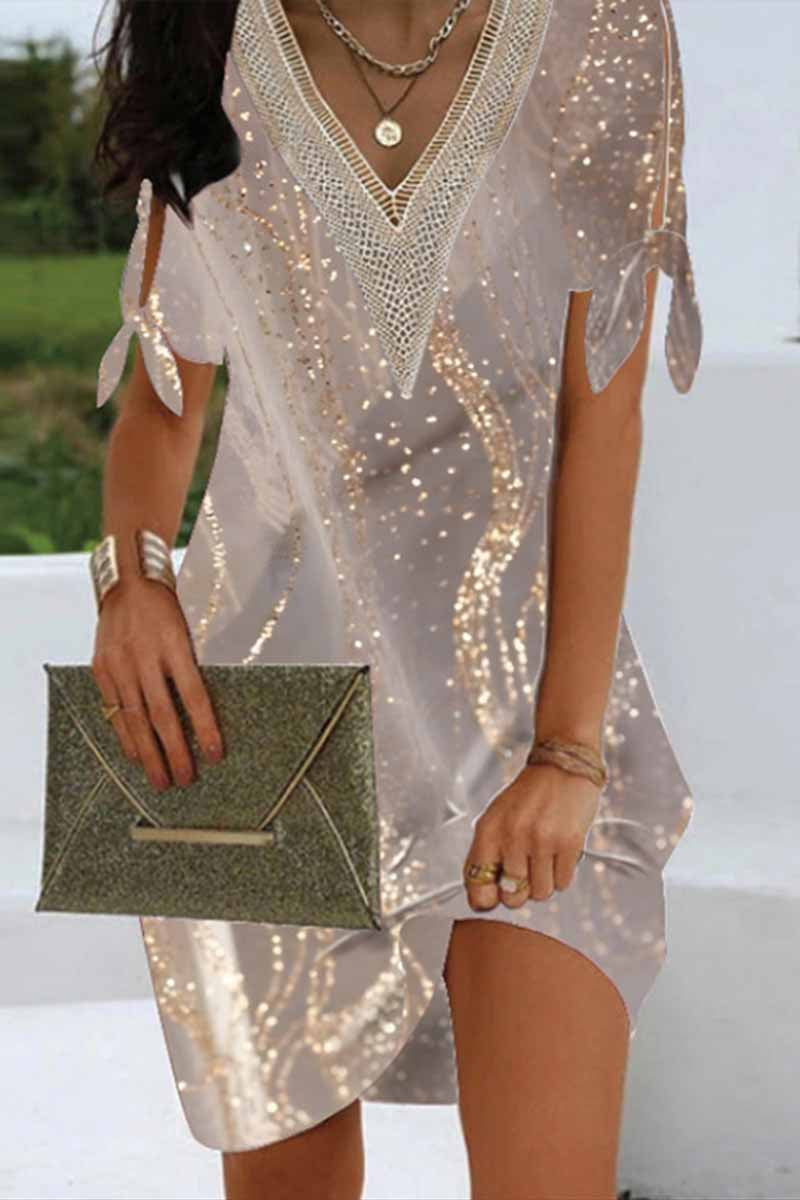 Γυναικείο περιστατικό V λαιμό υγρό τέχνη Εκτύπωση κομψή μίνι φόρεμα