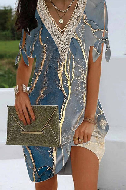 Γυναικείο περιστατικό V λαιμό υγρό τέχνη Εκτύπωση κομψή μίνι φόρεμα