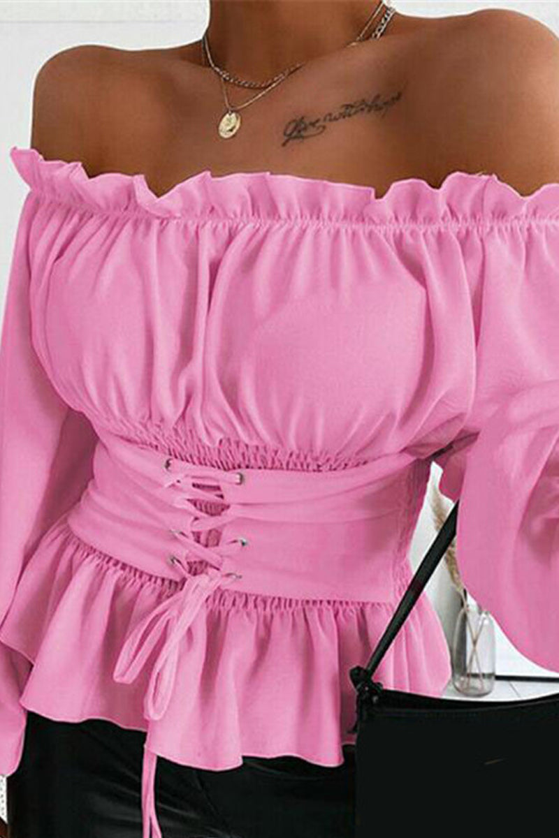 Γυναικείο μακριά μανίκι Off ώμος κρούβλα στερεό πουκάμισο μπλούζα μπλούζα