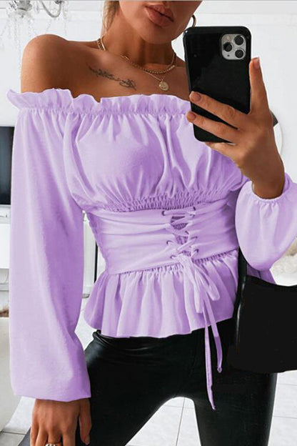 Γυναικείο μακριά μανίκι Off ώμος κρούβλα στερεό πουκάμισο μπλούζα μπλούζα