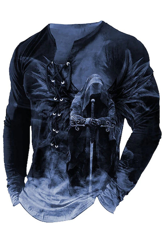 Ανδρική μόδα V-τρεχεσμένο κορδόνι 3D Εκτύπωση Εξωτερική Καθημερινή μακριά μανίκι πουκάμισα