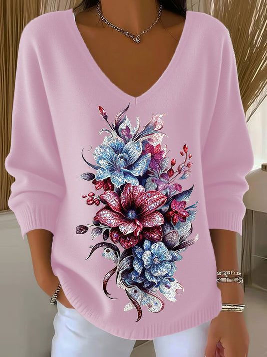 Γυναικεία Retro ζώα ανθοπωλεία τέχνης V-Neck περιστασιακό κορυφαίο