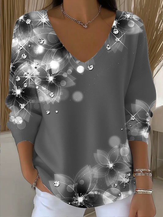 Γυναικείο Vintage Αφηρημένη διαβάθμιση ανθοπωλείο τέχνης V-Neck κορυφαίο