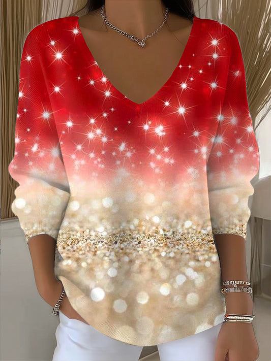 Γυναικείο Vintage κόκκινο αφρώδες V-Neck Top για τα Χριστούγεννα