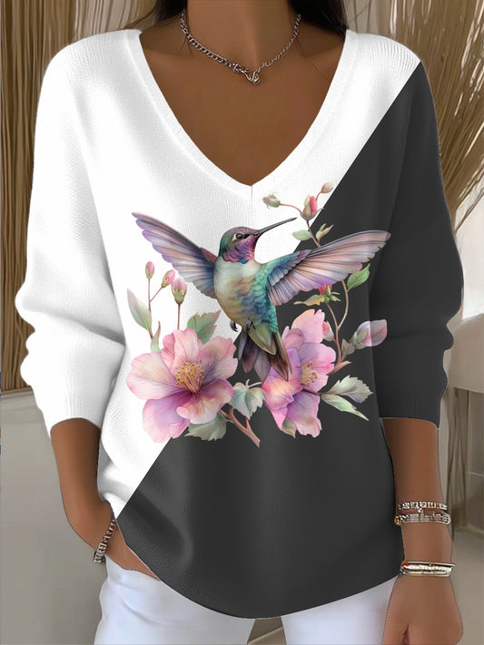 Γυναικείο Vintage Κολυμπίρι Ανθοπωλείο τέχνη V-Neck κορυφαίο