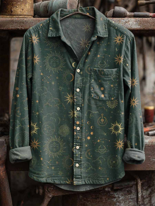 Retro ήλιος και σελήνη εκτύπωση περίπτωση μακριά μανίκι πουκάμισα