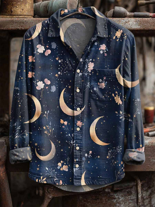 Retro Σελήνη εκτύπωση Casual μακριά μανίκι πουκάμισα