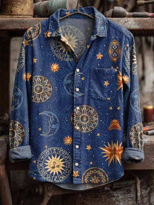 Retro ήλιος και σελήνη εκτύπωση περίπτωση μακριά μανίκι πουκάμισα