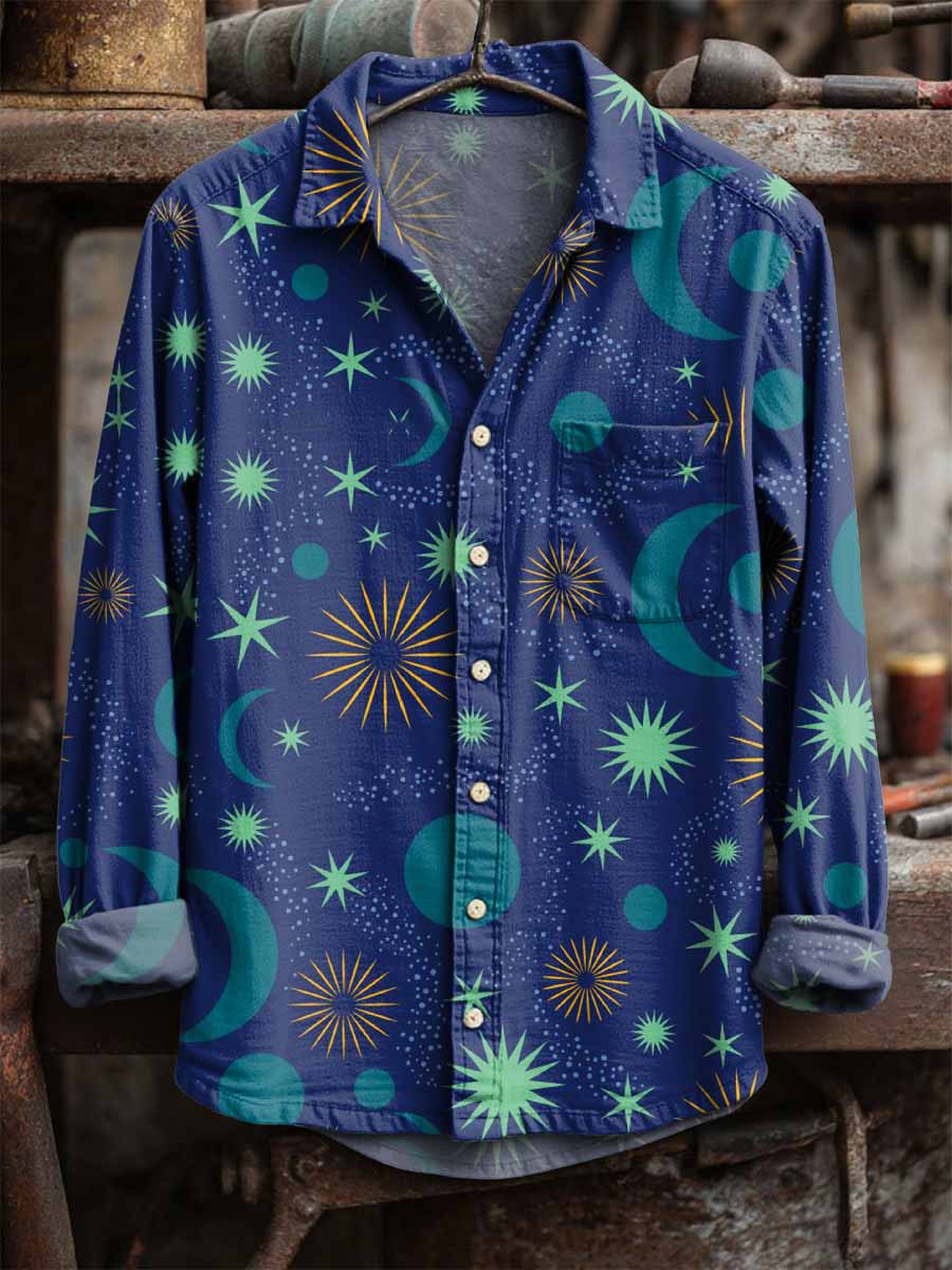 Retro Star και Σελήνη Εκτύπωση Casual μακριά μανίκι πουκάμισα