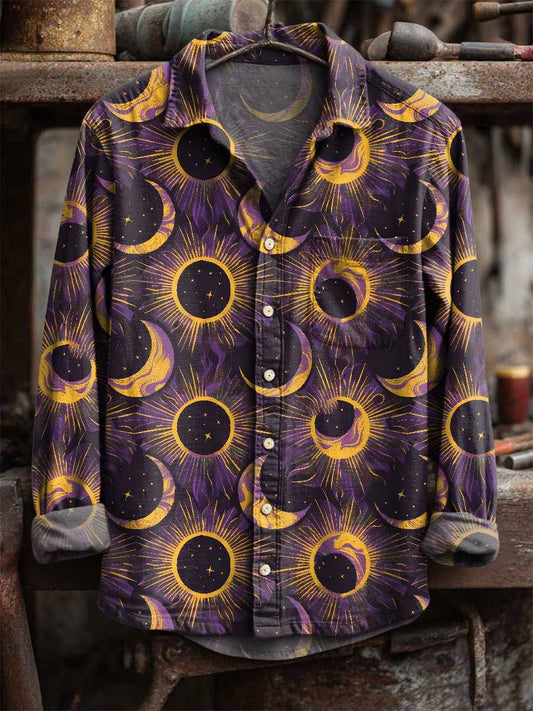 Retro ήλιος και σελήνη εκτύπωση περίπτωση μακριά μανίκι πουκάμισα