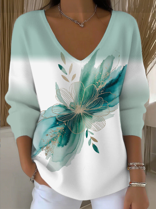 Γυναικεία φρέσκο πράσινο λουλούδια V - λαιμό πουλόβερ