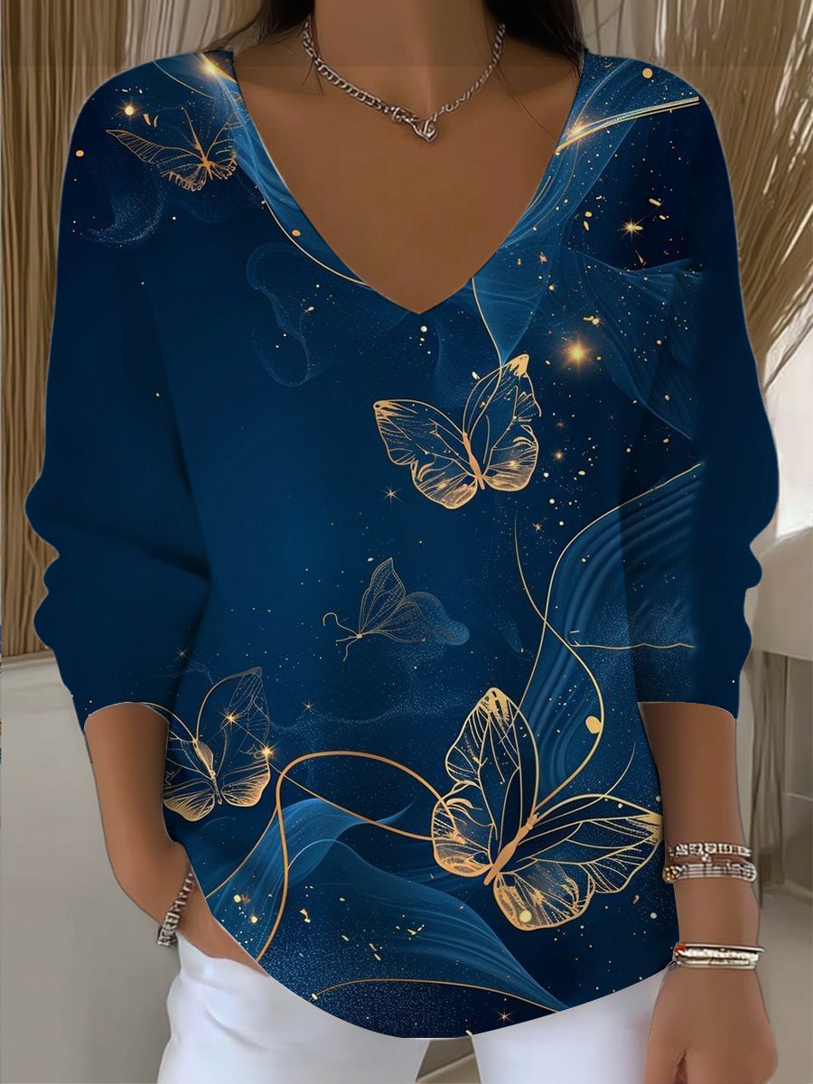 Γυναικείο λαμπερό μπλε πεταλούδα V - λαιμό πουλόβερ λαιμό