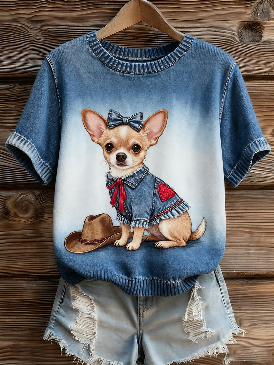 Γυναικείο καλλιτεχνικό ζώο εκτύπωση άνετο πλεκτό κοντό μανίκι κορυφού