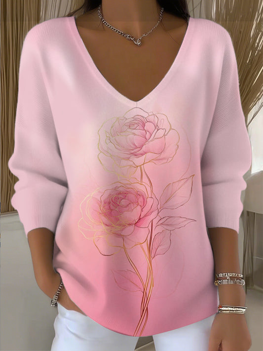 Γυναικείο κομψό ροζ τριαντάφυλλο V - λαιμό πουλόβερ
