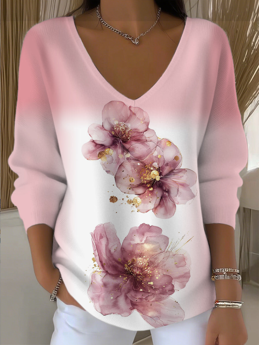 Γυναικείο ρομαντικό ροζ λουλούδι V - λαιμό πουλόβερ