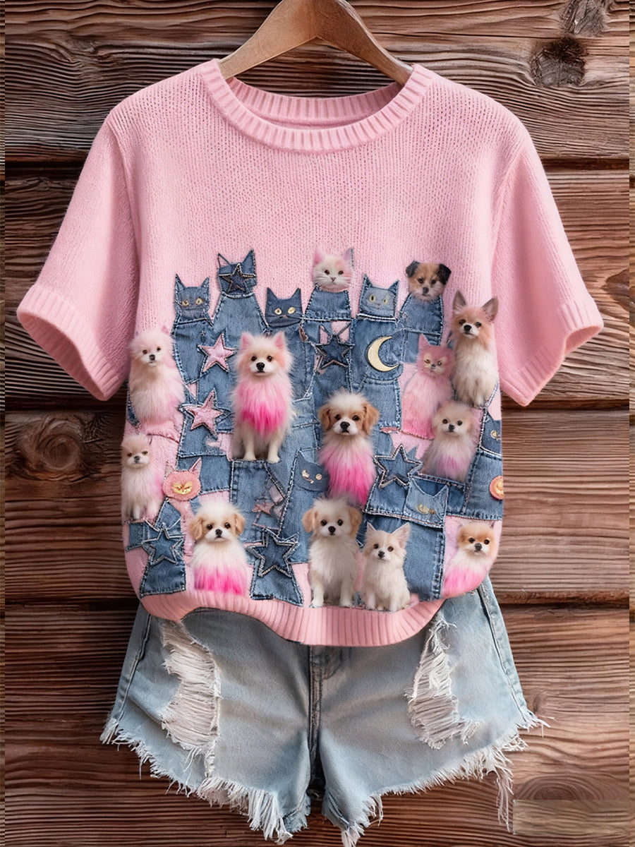 Γυναικείο καλλιτεχνικό ζώο εκτύπωση άνετο πλεκτό κοντό μανίκι κορυφού