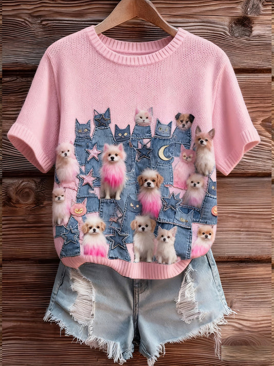 Γυναικείο καλλιτεχνικό ζώο εκτύπωση άνετο πλεκτό κοντό μανίκι κορυφού