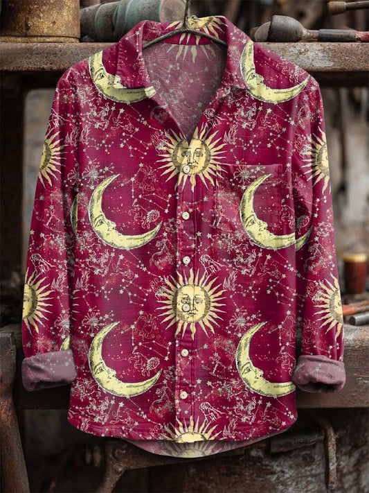 Retro ήλιος και σελήνη εκτύπωση μακριά μανίκι πουκάμισα