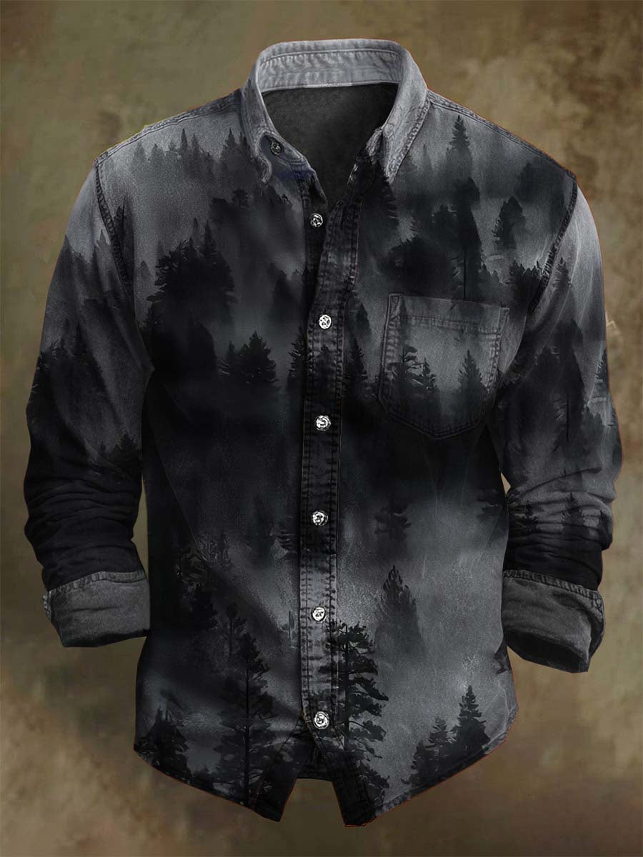 Misty μαύρο δάσος εκτύπωση Casual μακριά μανίκι πουκάμισα