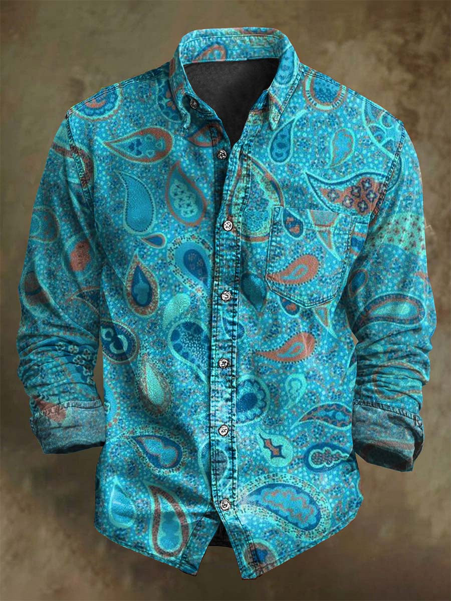 Retro Paisley Floral Εκτύπωση Casual μακριά μανίκι πουκάμισα