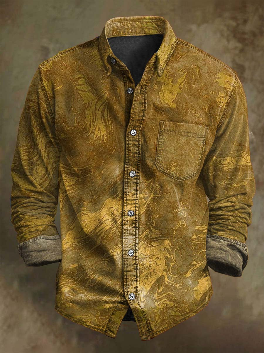 Retro αφηρημένη υφή τυπωμένη casual μακρυμάνικο πουκάμιση