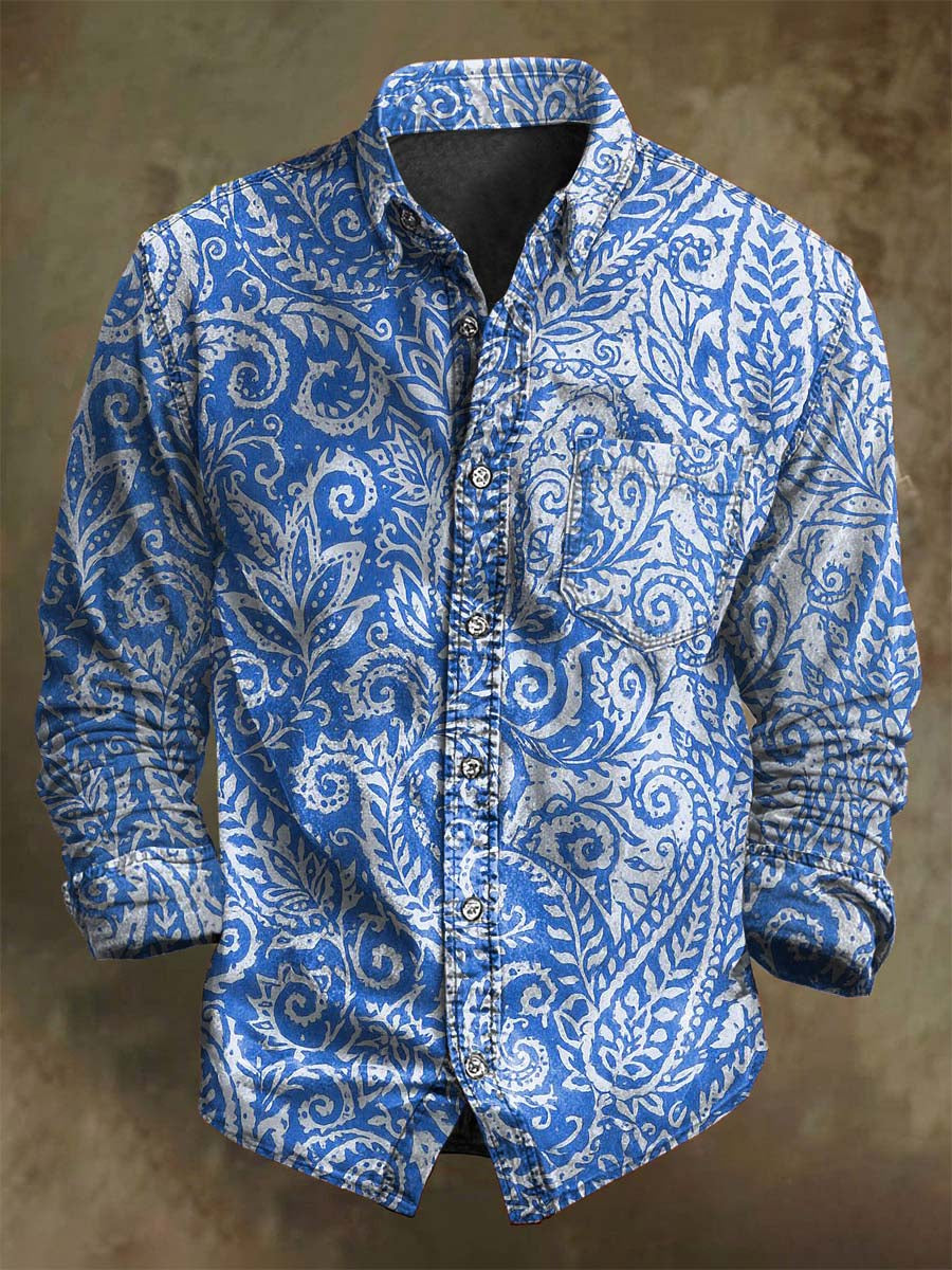 Retro Paisley Floral Εκτύπωση Casual μακριά μανίκι πουκάμισα