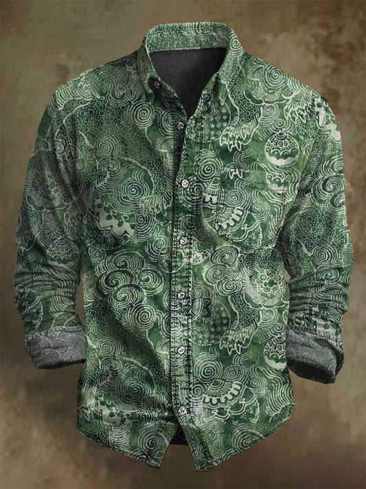 Retro Oriental floral εκτύπωση casual μακρύ μανίκι πουκάμιση