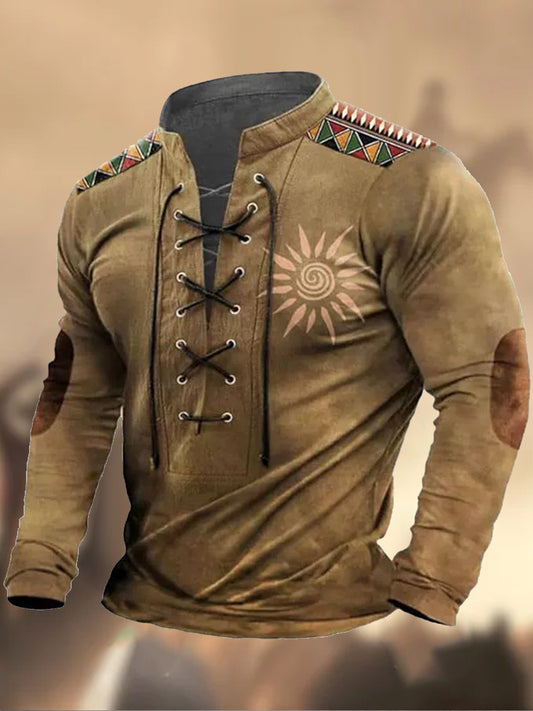 Retro Western Highway υφή μοτίβο τυπωμένο χωριό V-Neck Henry στυλ μακριά μανίκι πουκάμισα