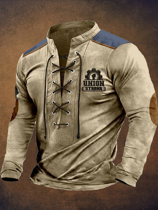 Retro Western Highway υφή μοτίβο τυπωμένο χωριό V-Neck Henry στυλ μακριά μανίκι πουκάμισα