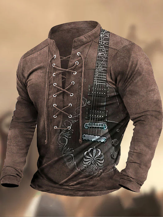 Retro Western Highway υφή μοτίβο τυπωμένο χωριό V-Neck Henry στυλ μακριά μανίκι πουκάμισα