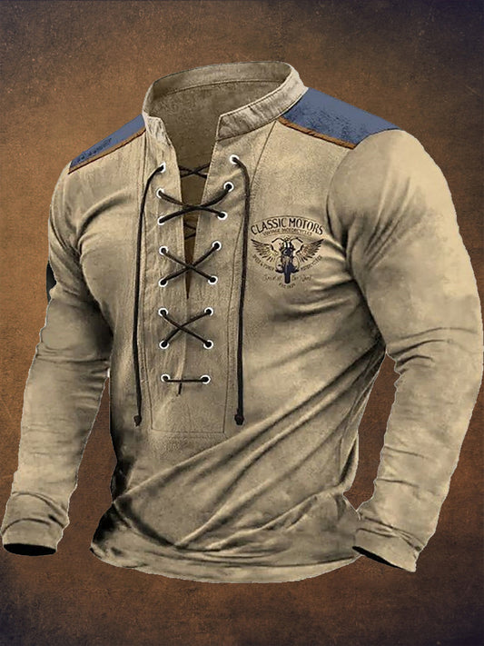 Retro Western Highway υφή μοτίβο τυπωμένο χωριό V-Neck Henry στυλ μακριά μανίκι πουκάμισα