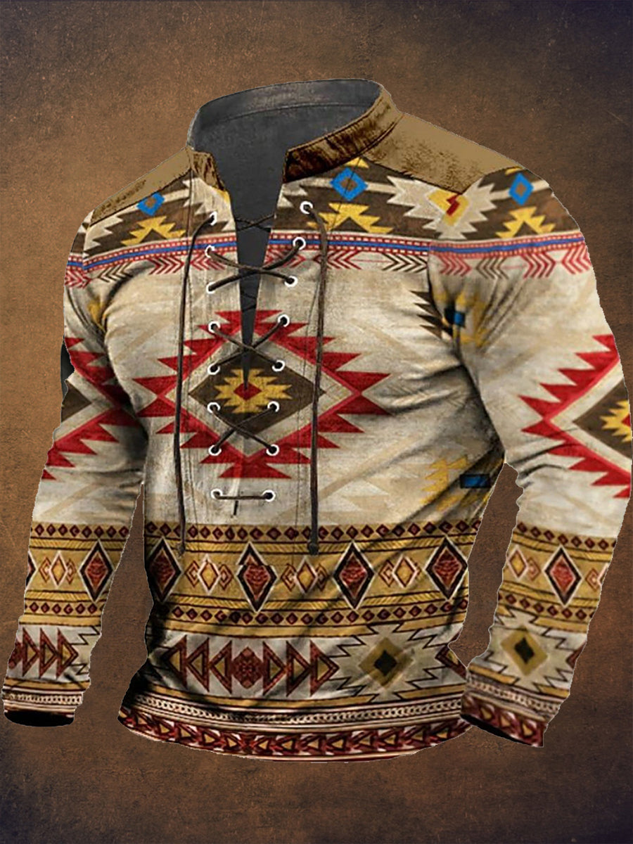 Retro Western Highway υφή μοτίβο τυπωμένο χωριό V-Neck Henry στυλ μακριά μανίκι πουκάμισα