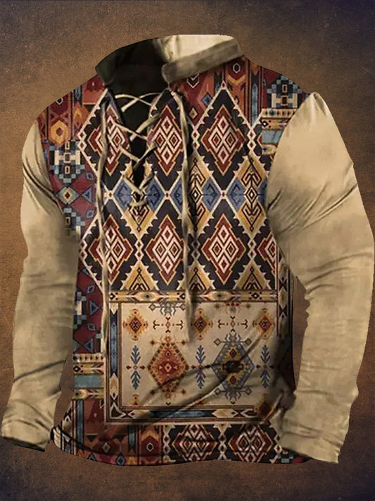 Retro Western Highway υφή μοτίβο τυπωμένο χωριό V-Neck Henry στυλ μακριά μανίκι πουκάμισα