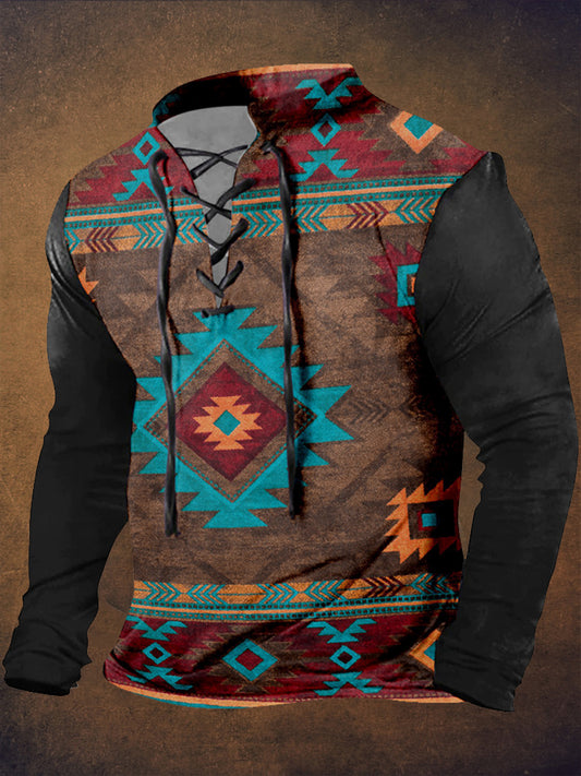 Retro Western Highway υφή μοτίβο τυπωμένο χωριό V-Neck Henry στυλ μακριά μανίκι πουκάμισα