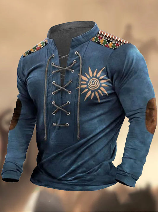Retro Western Highway υφή μοτίβο τυπωμένο χωριό V-Neck Henry στυλ μακριά μανίκι πουκάμισα