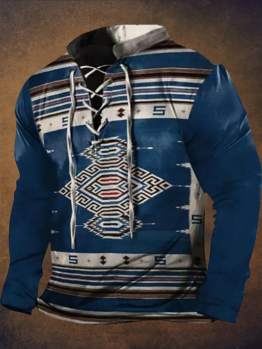 Retro Western Highway υφή μοτίβο τυπωμένο χωριό V-Neck Henry στυλ μακριά μανίκι πουκάμισα