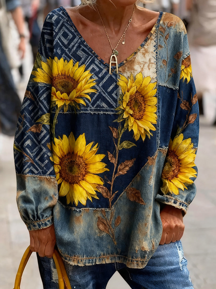 Γυναικείο Vintage Bohemian Floral Τέχνη Εκτύπωση άνετο πουλόβερ κορυφαίο