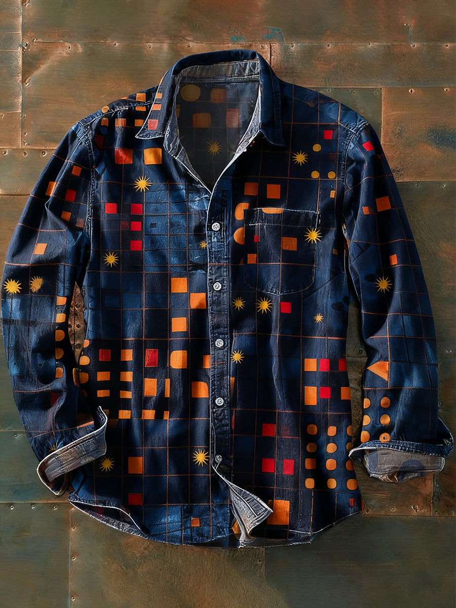 Ανδρικά Retro Αφηρημένη Τέχνη Εκτύπωση περίπτωση μακριά μανίκι πουκάμιση