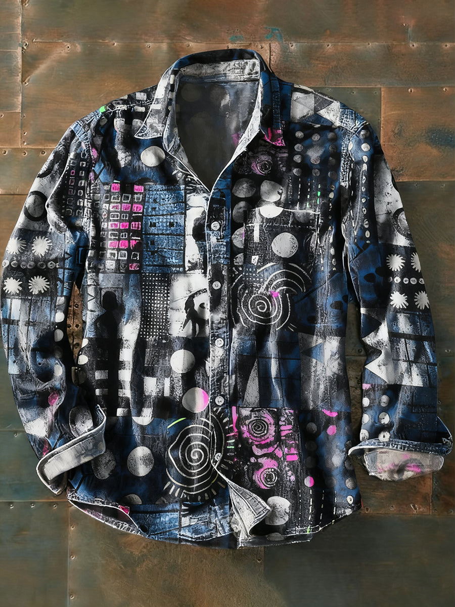 Ανδρικά Retro Αφηρημένη Τέχνη Εκτύπωση περίπτωση μακριά μανίκι πουκάμιση