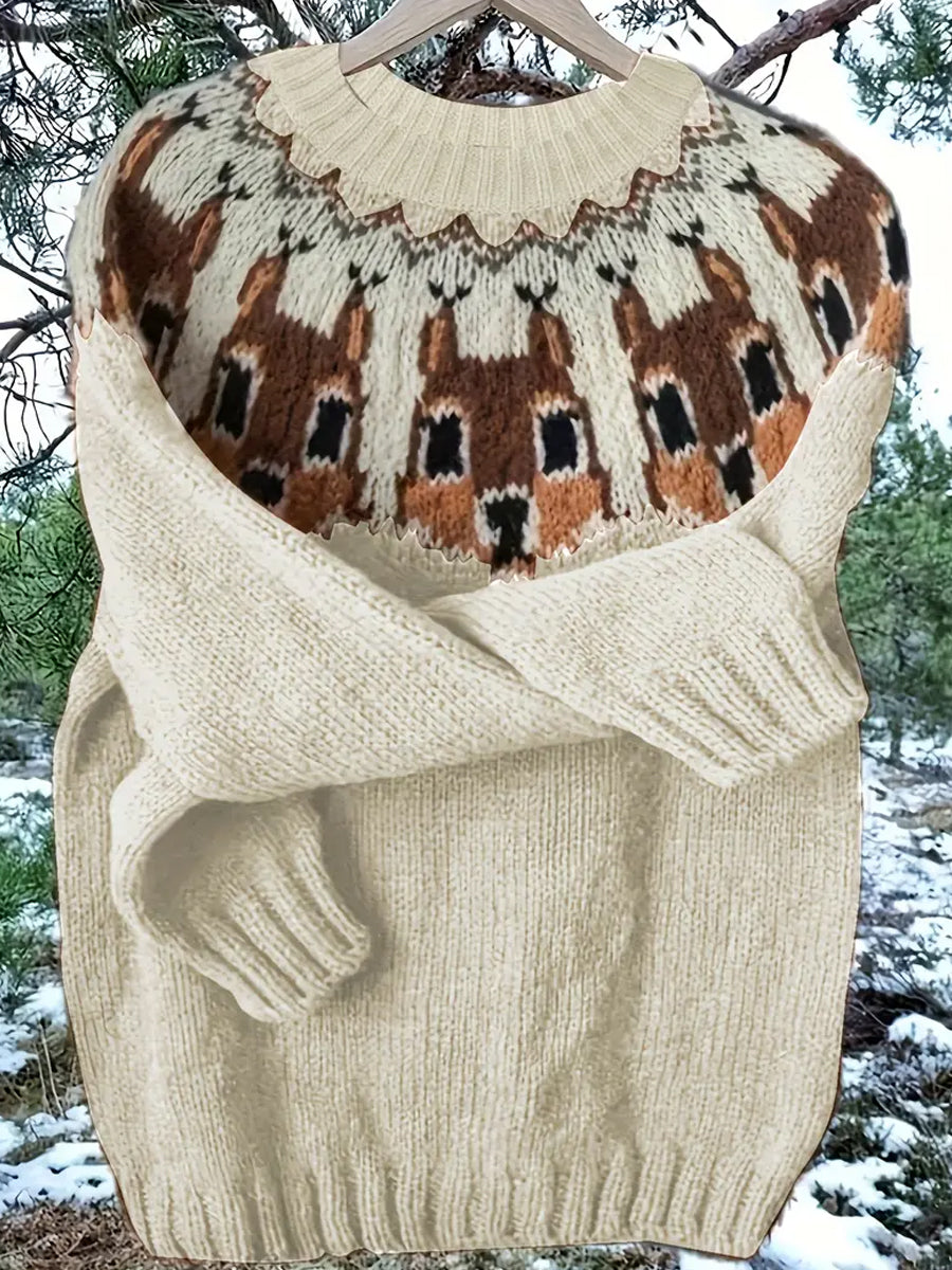 Γυναικείο Vintage Χριστούγεννα ζώα τέχνη Εκτύπωση άνετο περιστασιακό πουλόβερ.