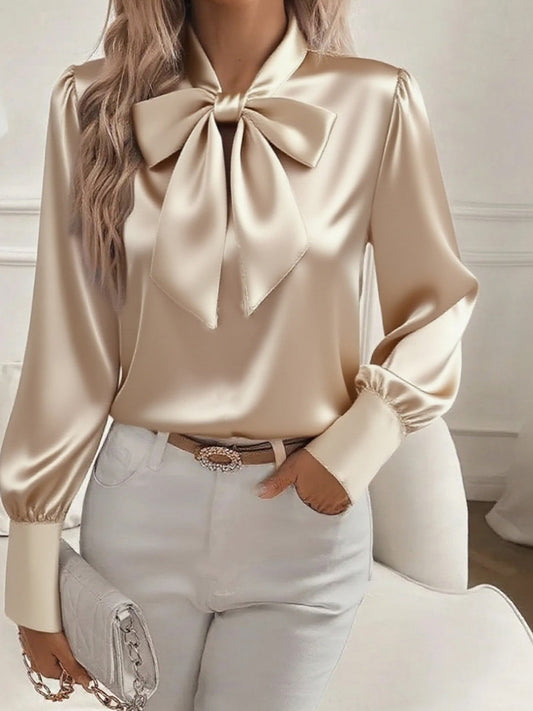 Γυναικείο ρετρο μακριά μανίκια Bow-Tie Satin μπλούζα