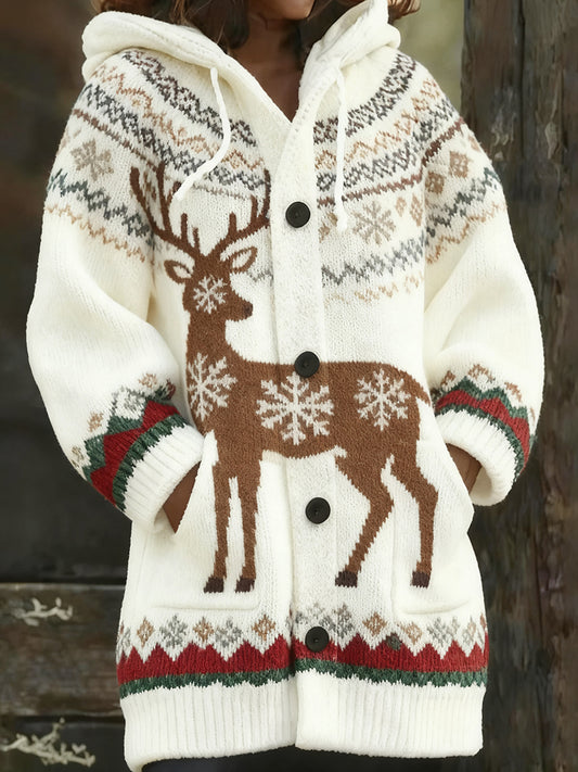 Γυναικών Retro Χριστουγεννιάτικη Τέχνη Εκτύπωση περιστασιακό Midi κουκούλας ζακέτα